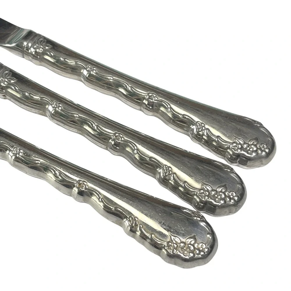 Silver Belle Rose Dinner Knives Set of 3 Floral Ornate Handle Victorian Unmarked